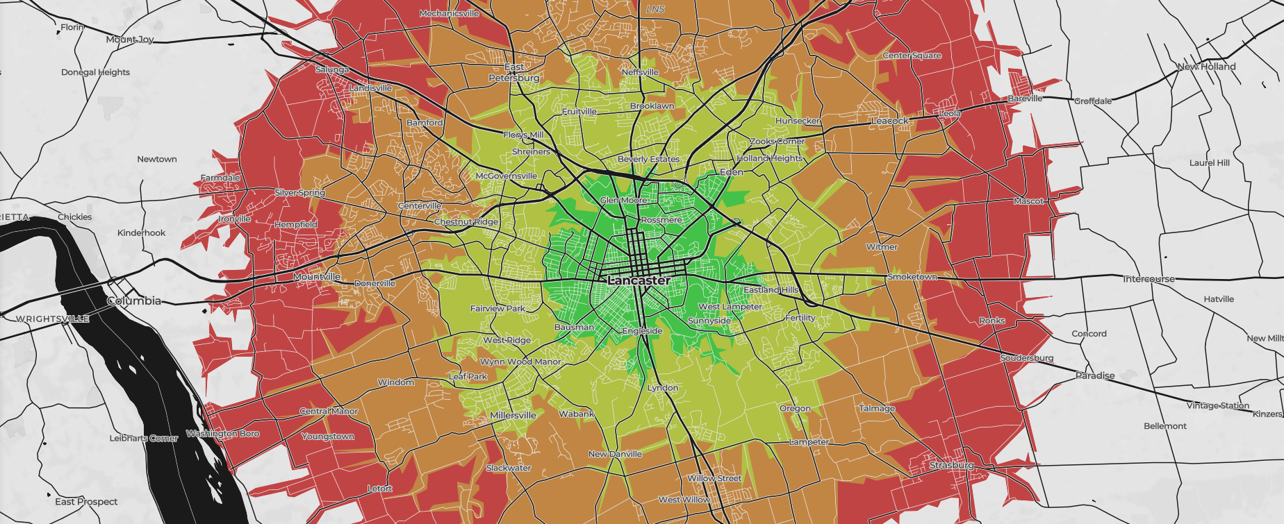 Isochrones for travel times by walking in Lancaster, PA