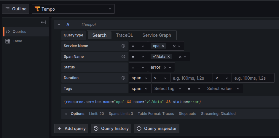 tempo filtering by properties